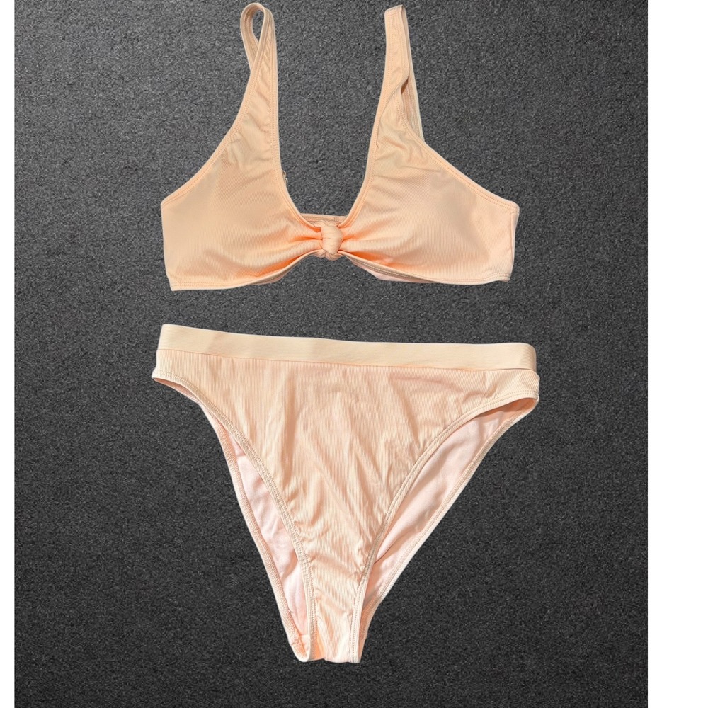 Cabana del Sol Swim Peach Ribbed Knot Front, High Cut Bikini Set Large NWT
